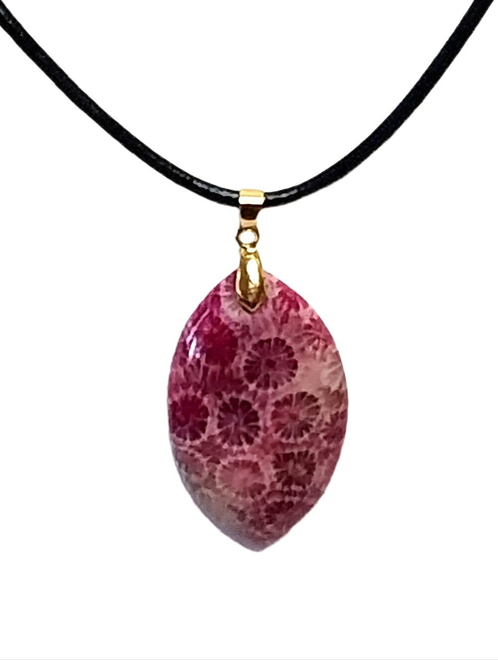 Pink Chrysanthemum Coral Pendant Leather Cord Necklace 19" Unique Boho Gift